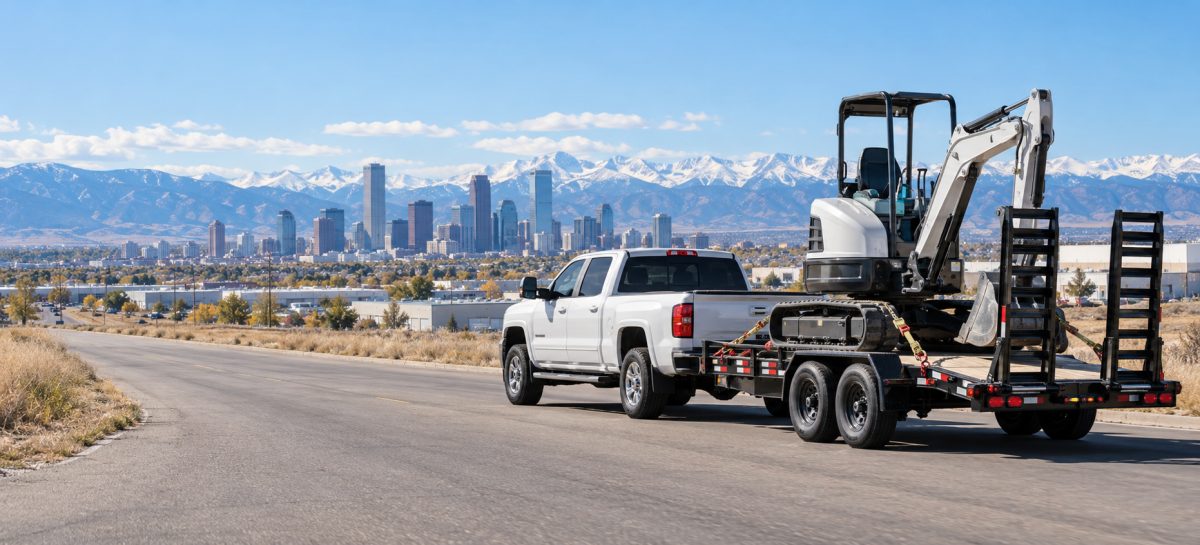 Compact excavator secured on an equipment trailer in the Denver area